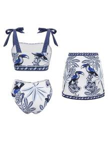 Swim Oasis 女士印花加粗肩带性感比基尼三件套，适合海滩度假 - 彩色 - 查看 2