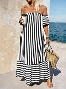 Breezaya Große Größen Sommer Lässig gestreiftes Off-Shoulder Kleid mit Rüschensaum - Schwarz und Weiss - Übersicht 3