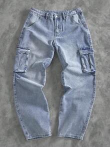 Manfinity Homme 男士休闲宽松口袋牛仔裤 - 淺色水洗藍 - 查看 2