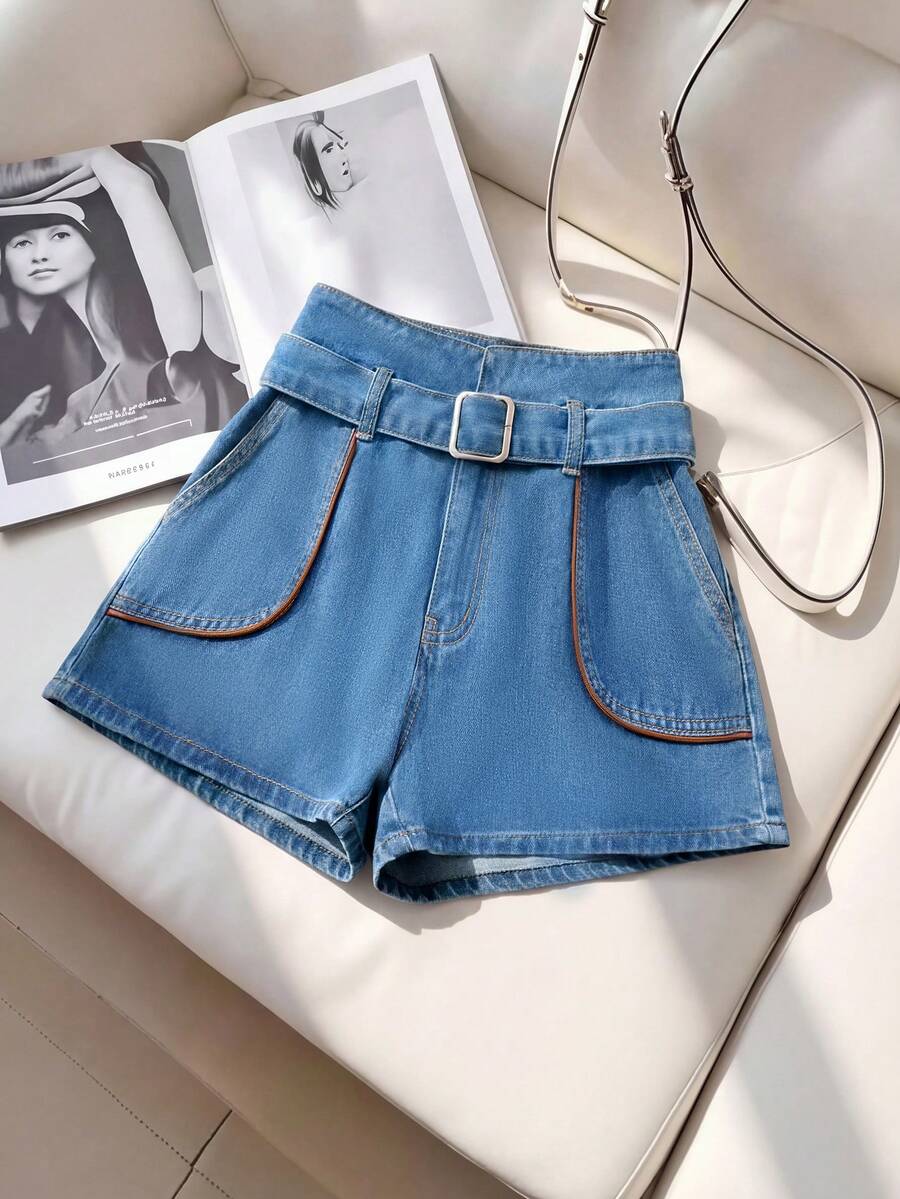 GlowEve 女士休闲牛仔短裤，配腰带，夏季 - 藍色 - 查看 1
