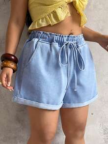 Sunnyshic High-Waisted Tie-Waist Denim Shorts - Blue - View 5