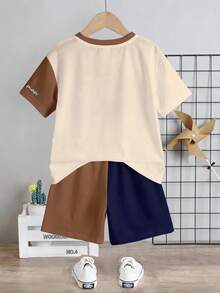 SHEIN Young Boy Casual Simple T-Shirt Set, Classic Color Block Patchwork Cool Graphic Print, Suitable For School, Spring/Summer - Multicolor - View 4
