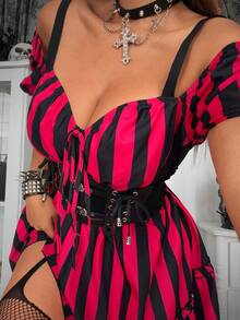 Whyspr Plus Size Women Striped Patchwork Off-Shoulder Tie Front Dress - Multicolor - View 6