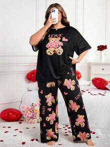 SHEIN CURVE+ 加大码女式熊与爱心印花短袖上衣和裤子睡衣套装，情人节 - 彩色 - 查看 7