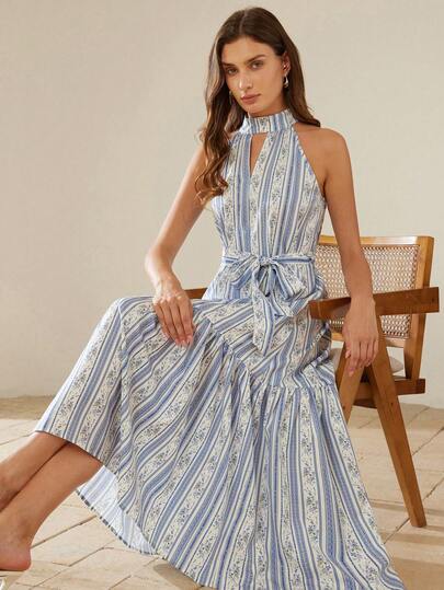 Aveloria Rosie Island Vacation Style Elegant Floral Print Halter Neck Hollow Out Design With Belt Ruffle Hem Sleeveless Midi Dress For Women