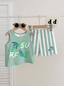 SHEIN Classic Striped Print Soft & Comfortable Casual Outfit For Baby Boy, Suitable For Spring/Summer Wave & Surfing Print Graphic Casual Outfit For Baby Boy, Suitable For Spring/Summer - Multicolor - View 3