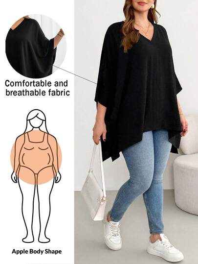 Shapeblank Plus-Size Women's Spring/Summer Fashion Casual Loose Comfortable Everyday Basic Versatile Slimming V-Neck Three-Quarter Sleeve Black Top,Summer Outfits,Women Blouse,Work Tops,Simple Style Oversized Tops Black Tops Plus Size Batwing Sleeve Top Poncho Top Oversized Tshirts For Women Plus Size