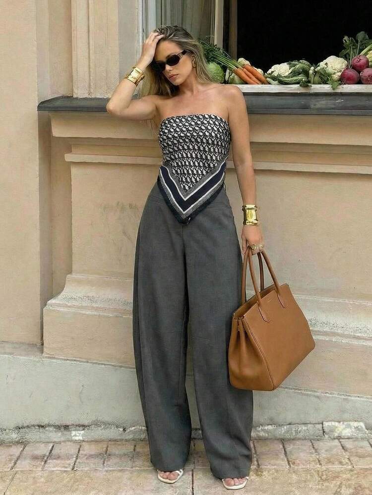 Spring/Summer Casual Women's Pear-Shaped Flared Leg Dark Grey Suit Pants, Extra Long