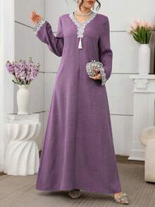 Al Najma Embroidered Loose Elegant Long Sleeve Turkish & Arabic Traditional Maxi Dress For Women - Purple - View 4
