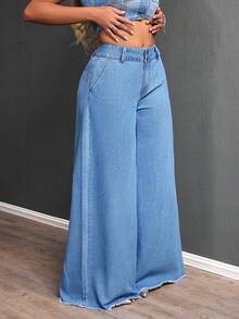 SHEIN SXY Plus Size Women Pockets Frayed Hem Loose Casual Jeans  Wide Leg Jeans Flared Jeans Jeans Y2k Oversized Jeans - Blue - View 4