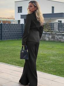 Jeta Ari Modischer minimalistischer Damen Pendelverkehr & Lässig Blazer mit Metallschnalle am Kragen und Langarm sowie Hose mit hoher Taille, Zweiteiler Set, auberginefarben, Herbst/Winter - marineblau - Übersicht 2