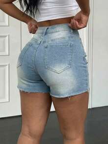 SHEIN ICON 女士高腰口袋做旧毛边牛仔短裤 - 藍色 - 查看 2