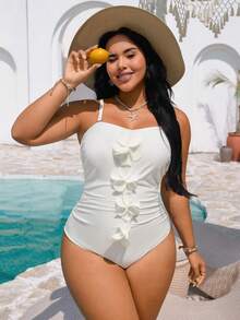 Swim Chiccia Áo tắm liền thân cỡ lớn, màu trơn với họa tiết hoa 3D, phong cách tối giản thanh lịch kiểu Âu và Mỹ. - Màu be - Xem 6