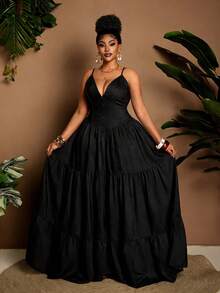 Maweii 大码女式牛仔效果A字长吊带性感连衣裙 - 黑色 - 查看 3