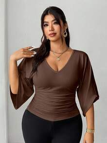 Elenzga Áo thun nữ cỡ lớn kiểu Pháp, thắt eo, đa năng - màu nâu - Xem 6