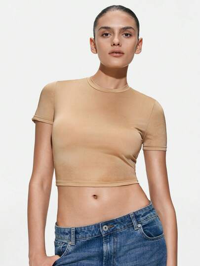 SHAPORA Women's Casual Solid Color Short Sleeve Fitted Cropped Sleepwear Top, Suitable For Summer Daily Wear