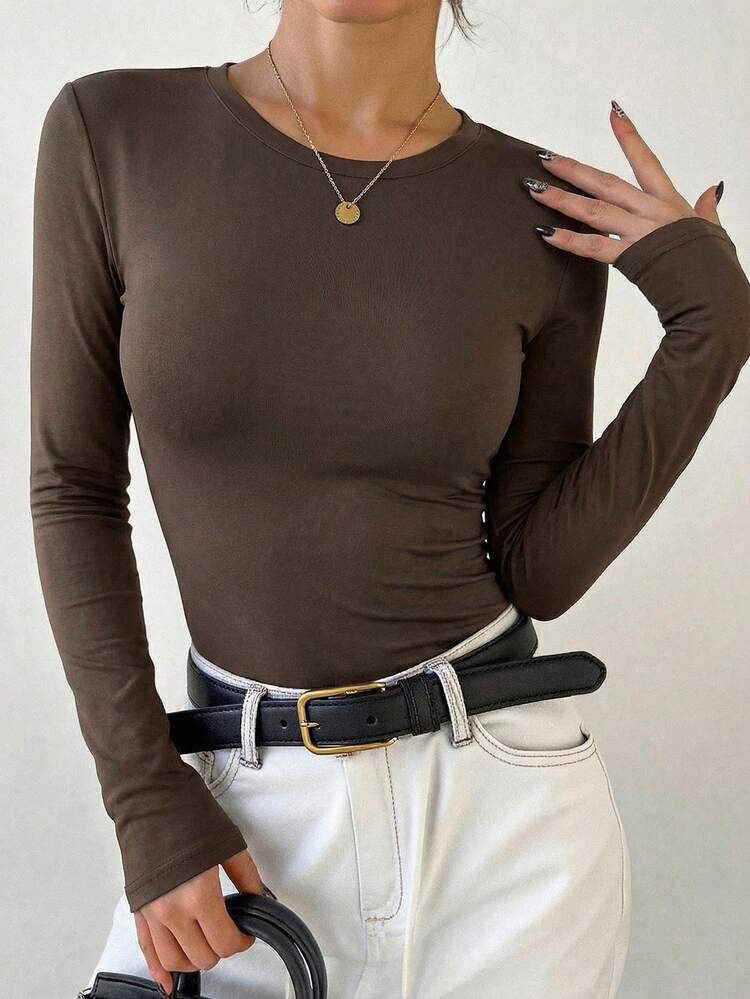 Women's Solid Color Slim Fit T-Shirt, New Arrival For Autumn