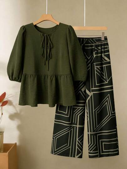 Linhara Bộ đồ 2 mảnh cỡ lớn dành cho nữ: Áo sơ mi trơn thắt nơ phía trước và quần ống rộng họa tiết hình học, phong cách thường ngày thanh lịch, cổ điển, sang trọng, phù hợp cho kỳ nghỉ biển, hàng mới về.