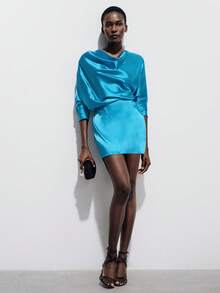 Aveloria Modichic Vestido mini ajustado de manga larga con cuello de satén y cintura ceñida, diseño de lujo elegante y urbano para ir al trabajo y salir de noche - Azul - Ver 2