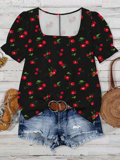 SHEIN VCAY Blusa de mujer de talla grande con estampado de cerezas en estilo minimalista casual, adecuada para el verano