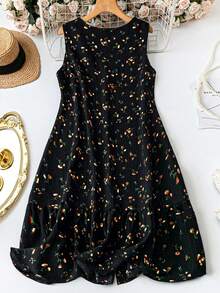 SHEIN LUNE Plus Size Women Sleeveless V-Neck Floral Print Casual Dress With Ruffled Hem,Button Front,Black,Summer,Boho,Vacation,Holiday Striped Screen Printing - Multicolor - View 2