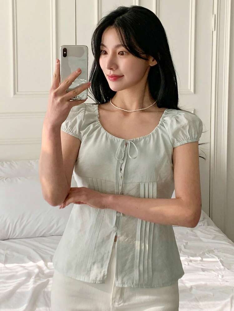 Women's Summer Casual Solid Color Round Neck Front Tie Petal Sleeve Blouse