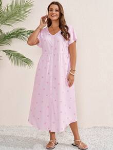 Vestido a cuadros de manga corta y cuello en V para mujer de talla, para vacaciones de verano - Rosa 2 - Ver 3