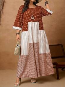 EMERY ROSE Plus Size Women's Casual Vacation Round Neck 3/4 Sleeve Polka Dot, Plaid & Striped Patchwork Long Dress, ,Summer/Vacation,Summer Holiday,Spring Break Outfits ,Vacation Outfits Women ,Holiday Outfits For Women,Going Out Outfits,2026 New Clothes,Simple And Fashionable For Everyday Wear,Suitable For Summer, Vacation, Daily Wear,Suitable For Summer, Vacation, Daily Wear,Dresses For Women,Flowy Dress ,Beach Outfits For Women,Casual Vacation Boho Dress,Summer Dresses, Country Women's Summer Dresses,Casual Dresses For Women,Country Concert Outfit,Brown Dress,Flowy Dress ,Beach Outfits For Women,Casual Vacation Boho Dress - Coral Orange - View 3