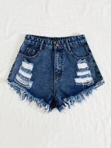 SHEIN ICON Plus Size Women Street Style Frayed Hem Non-Stretch Denim Shorts - Medium Wash - View 4