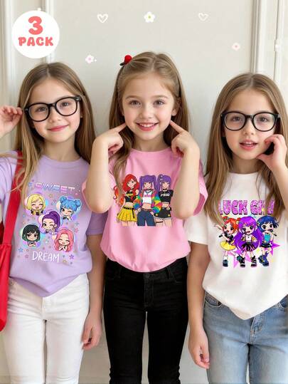 3件套女童休闲时尚创意个性清新简约可爱虚拟女团卡通人物彩色五角星Logo印花圆领短袖T恤，舒适夏季款式，适合春、夏、秋季穿着，白色、粉色、紫色可选，居家日常穿着，KPOP GOLDEN女巫狩猎女团，可爱有趣的小女孩