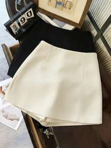 Franclia Petite Shorts décontractés à taille haute et ourlet fendu pour femmes, polyvalents pour le printemps, l'été, l'automne et l'hiver - Beige - Voir 2
