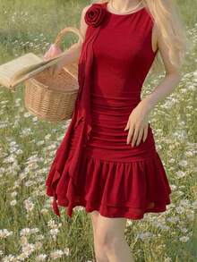 Teen Girl Red Summer Elegant Satin Party Dress,Solid Color 3D Floral Decor Ruffle Sleeveless Tank Spring Casual Dresses - Burgundy - View 8