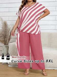 SHEIN CURVE+ Bộ đồ thể thao cỡ lớn, phong cách thường ngày, áo sơ mi kẻ sọc phối màu và quần dài màu trơn/2026/Năm mới - Hồng - Xem 11