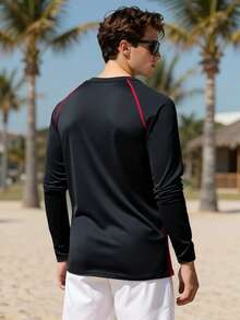 Manfinity Swimmode 男士沙滩度假休闲印花防晒衣 - 黑色 - 查看 2