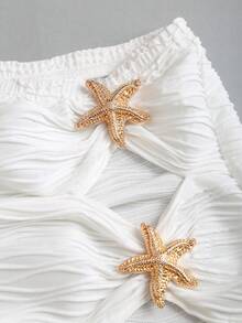 Sweetra 法式优雅时尚纯白慵懒风低腰高开衩金属扣饰夏季时尚派对沙滩度假紧身性感半身裙 - 白色 - 查看 6