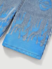 Young Boy Flame Letter Print Blue Denim Bib Shorts - Light Wash - View 5