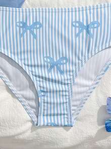 Young Girls 3-Piece Bikini Sets,Cute Blue Vertical Striped Bow Ruffle Mesh Skirt,Summer Beach Holiday Swimming Bathing Suits Toddler Outfits Swimwear - Blue - View 5