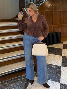 Bethéva 女士休闲通勤简约纯色 V 领灯笼袖前结短款上衣，春秋装 - 咖啡棕 - 查看 4