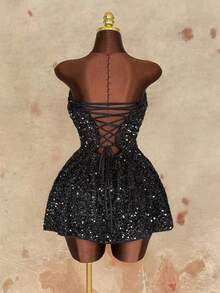 Sunspun Plus Size Sequin Strapless Dress, Off Shoulder Backless Tie-Up Short Dress - Black - View 2