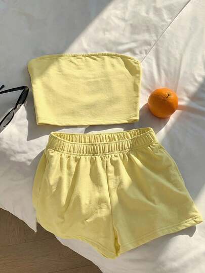 Comfortcana Women Pale Yellow Ribbed Bandeau Top And Casual Short Set Two Piece Outfit