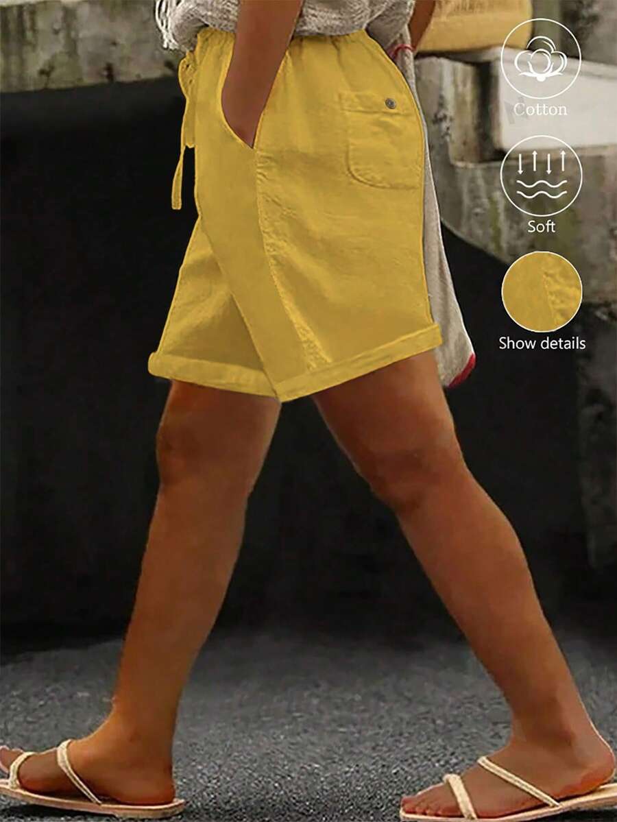 SHEIN LUNE CURVE Plus Size Washed Cotton Cinched Waist Backpocket Button Decor Cropped Women Shorts - Yellow - View 1