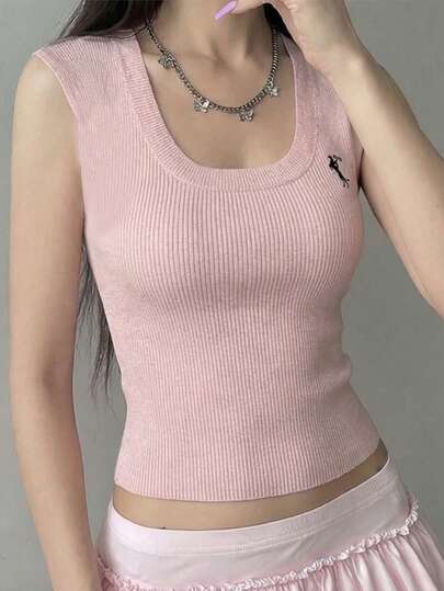 Rina Fox 女士针织背心，绣花图案，粉色