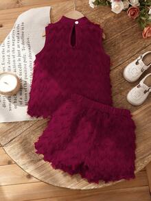 SHEIN Elladie kids 2026春夏新款时尚柔软舒适面料夏季度假旅行必备少女夏季套装，女童羽毛流苏蝴蝶结装饰背心+配套短裤两件套，优雅时尚 - 紅色 - 查看 2