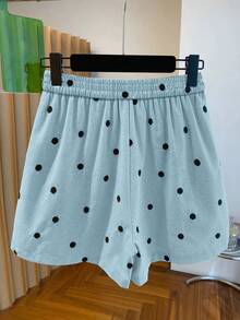 GlowEve New Fashionable Summer Casual Chic French Polka Dot Shorts With Pockets, Elastic Waist And Bow Tie For Women - Blue - View 2