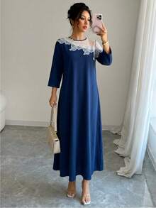 Rafferiza Gaun Lengan Panjang Transparan Motif Bunga 3D untuk Wanita - Navy Blue - View 4