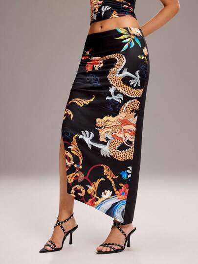 Y2Kool BiGraphic Falda de moda con estampado de dragón chino y abertura lateral
