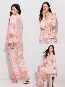 LUVLETTE 优雅性感粉色碎花睡衣套装 - 长袖上衣和蕾丝边阔腿裤，迷人家居服睡衣 - 粉色 - 查看 3