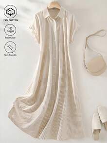SHEIN Franclia Đầm ngắn tay kẻ sọc nhẹ nhàng dành cho nữ, kiểu dáng cổ điển, thích hợp cho mùa hè. - Màu Khaki - Xem 1