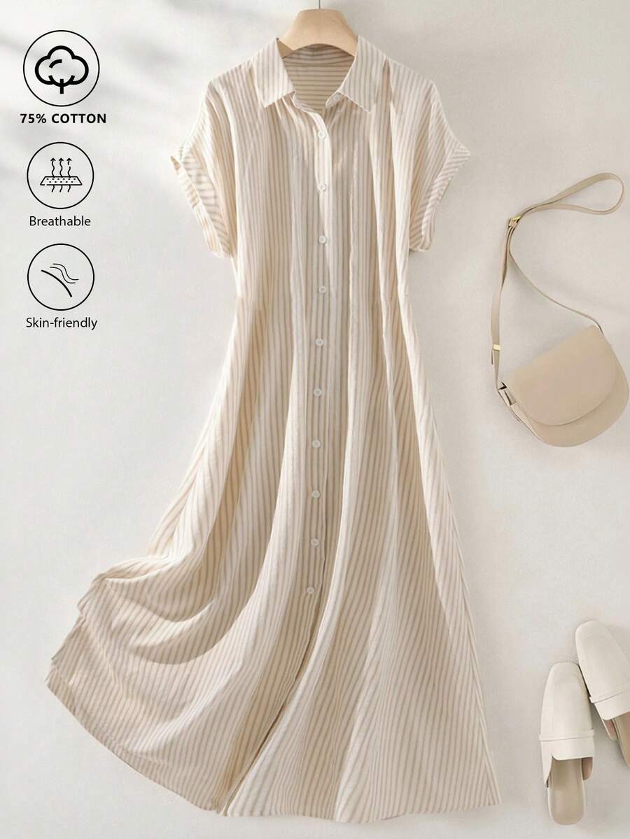 SHEIN Franclia Đầm ngắn tay kẻ sọc nhẹ nhàng dành cho nữ, kiểu dáng cổ điển, thích hợp cho mùa hè. - Màu Khaki - Xem 1