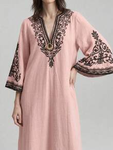 Ontre 2025新款女士夏季长裙，纯色，时尚，适合夏季穿着。黑色刺绣图案，波西米亚风格，喇叭袖，燕麦色宽松舒适长裙，V领，适合派对、度假、海岛度假村、音乐节等夏季场合。 - 粉色 - 查看 6